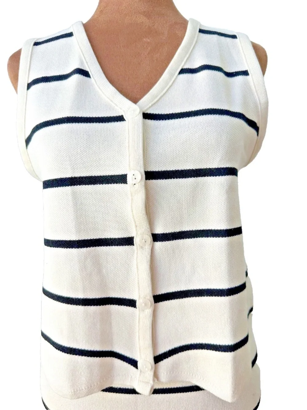 Women's 2-Piece Cream & Black Striped Knit Skirt Set Sleeveless Top Preloved